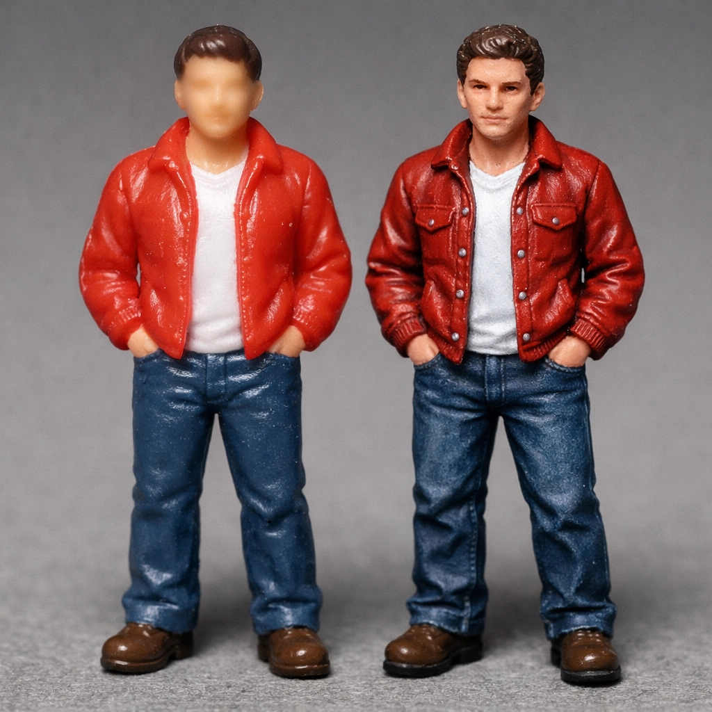 Comparison of low-detail plastic and high-detail resin 1/64 scale miniature figures.