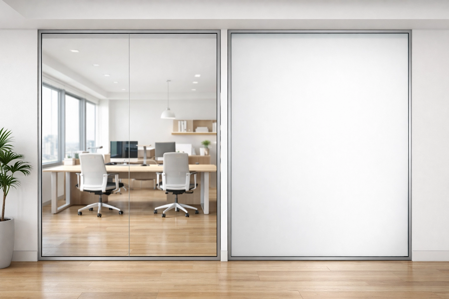 Modern office with smart film panels showing transparent and opaque states