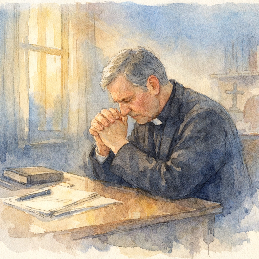 Church leader in prayer reflecting on emotional health and processing feelings in quiet solitude