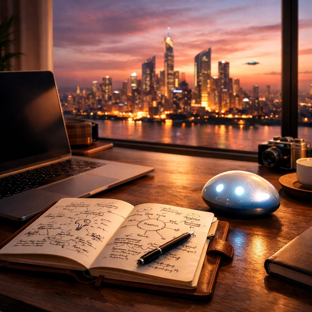 A professional workspace featuring a laptop and AI assistant, illustrating human-led SEO strategy in 2026.