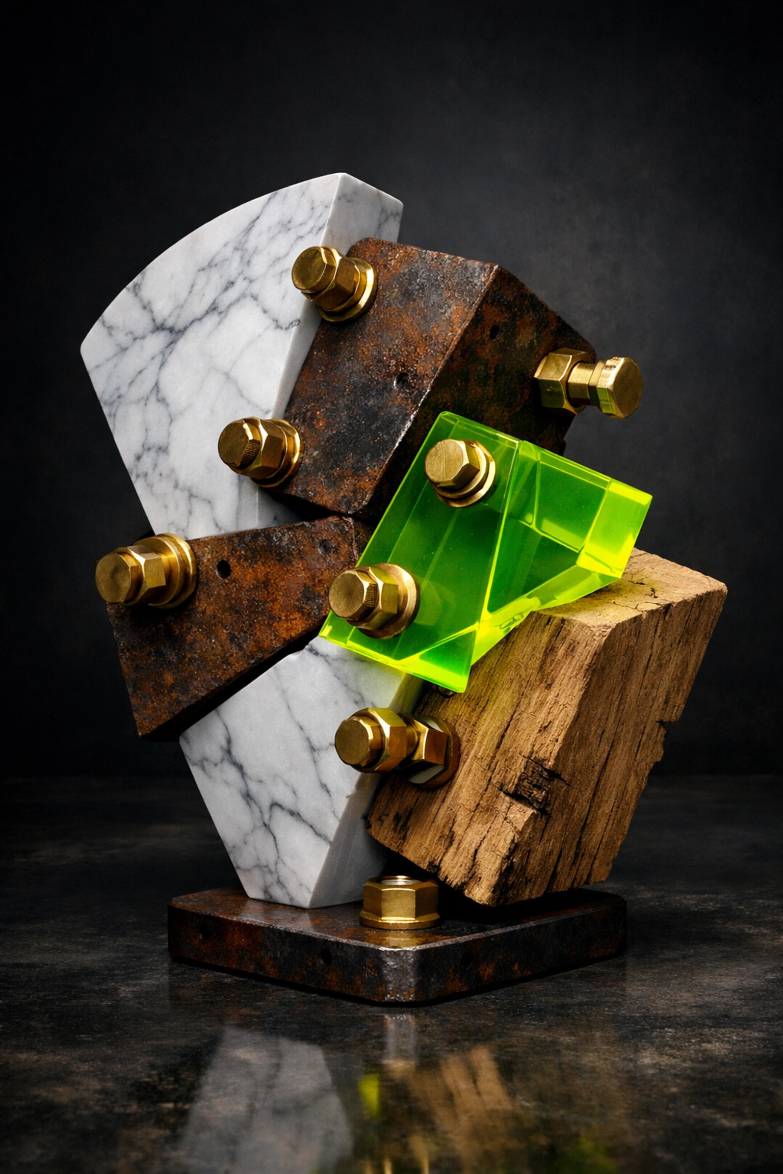 Abstract sculpture of clashing materials representing the disjointed chaos of a fragmented brand identity.