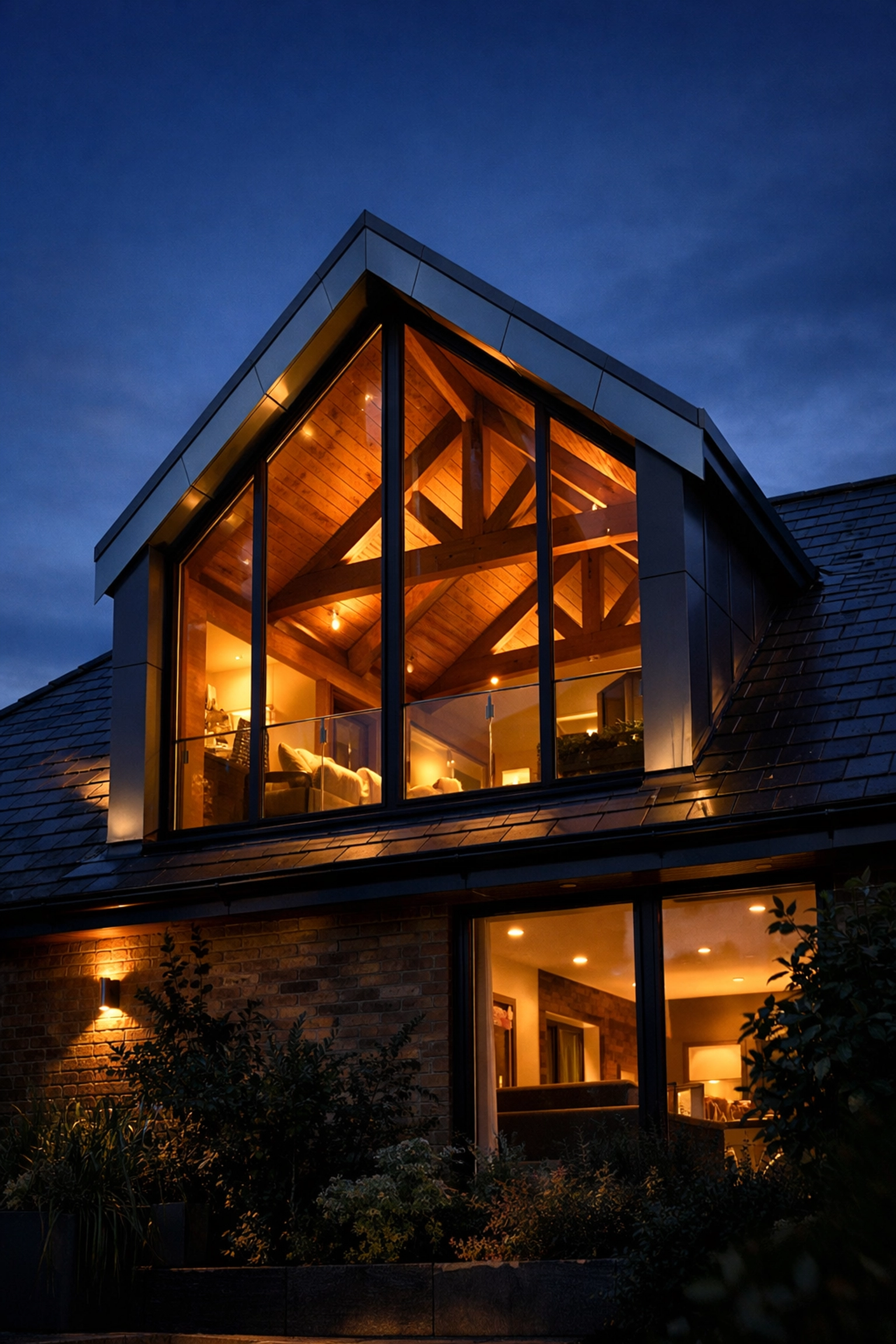 Glass gable end extension on a Chichester bungalow showing a vaulted ceiling interior.