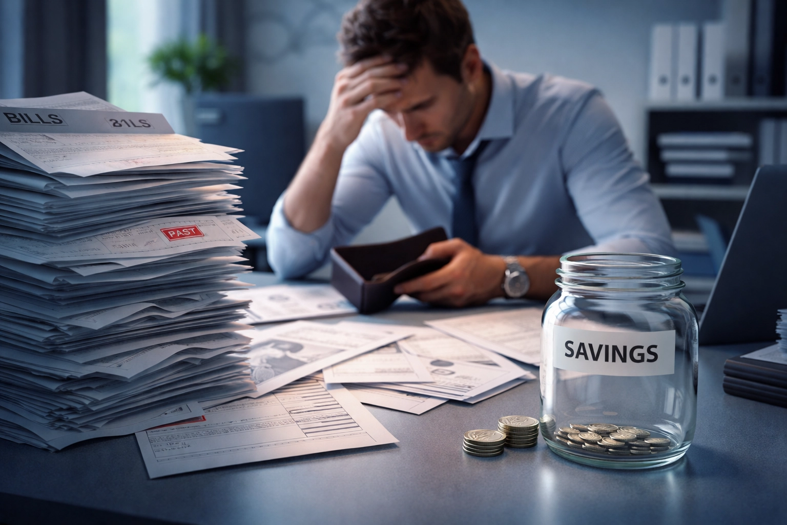 Business owner overwhelmed by bills with an empty personal savings jar