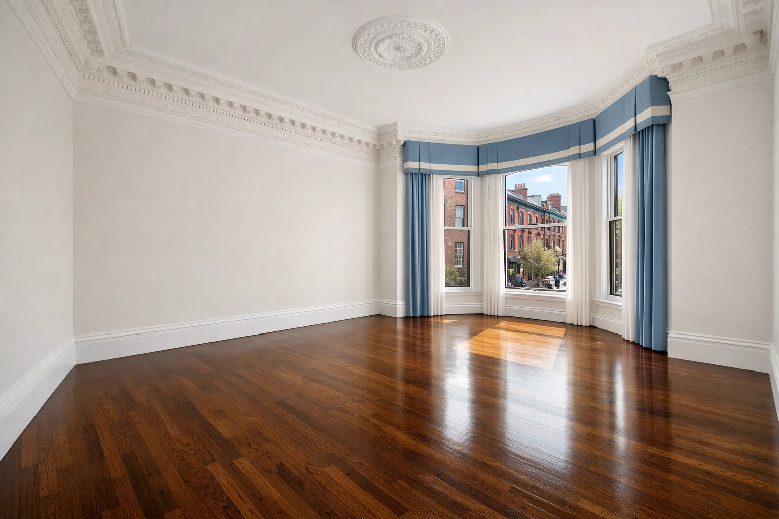Spotless Boston brownstone living room showcasing professional apartment move-out cleaning results.