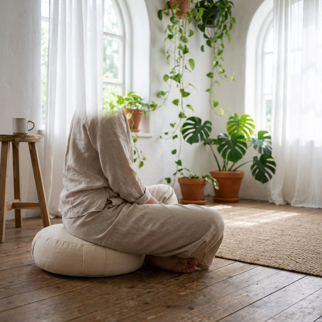 Person meditating in a tranquil, plant-filled room illustrating daily mindfulness practice.