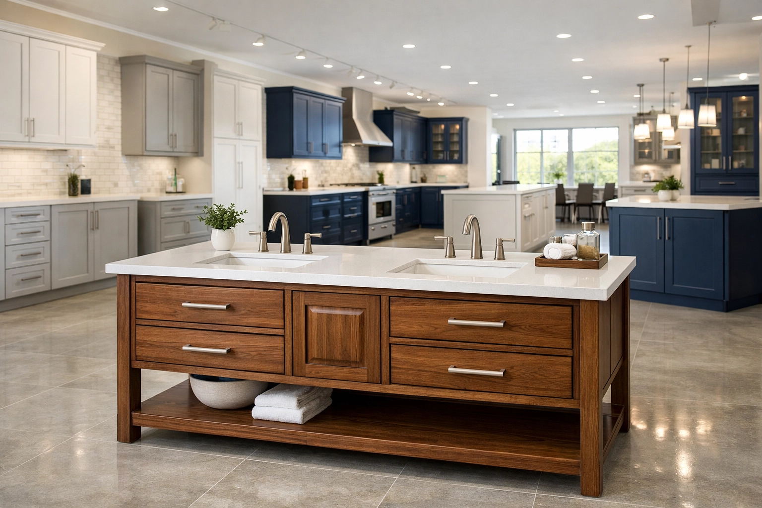 Bright showroom featuring a custom double bathroom vanity and handcrafted cabinetry made in Minnesota.