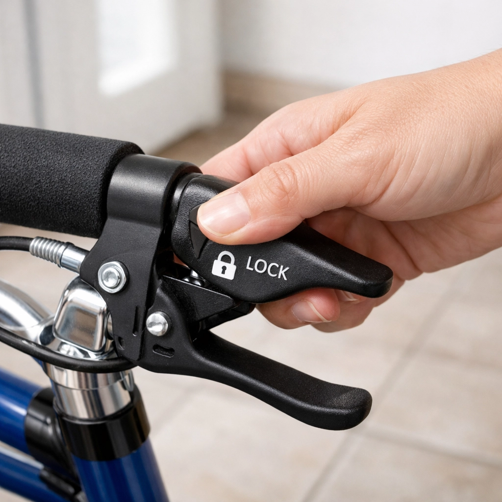 Close-up of a hand locking rollator brakes to prevent the mobility aid from rolling while sitting.