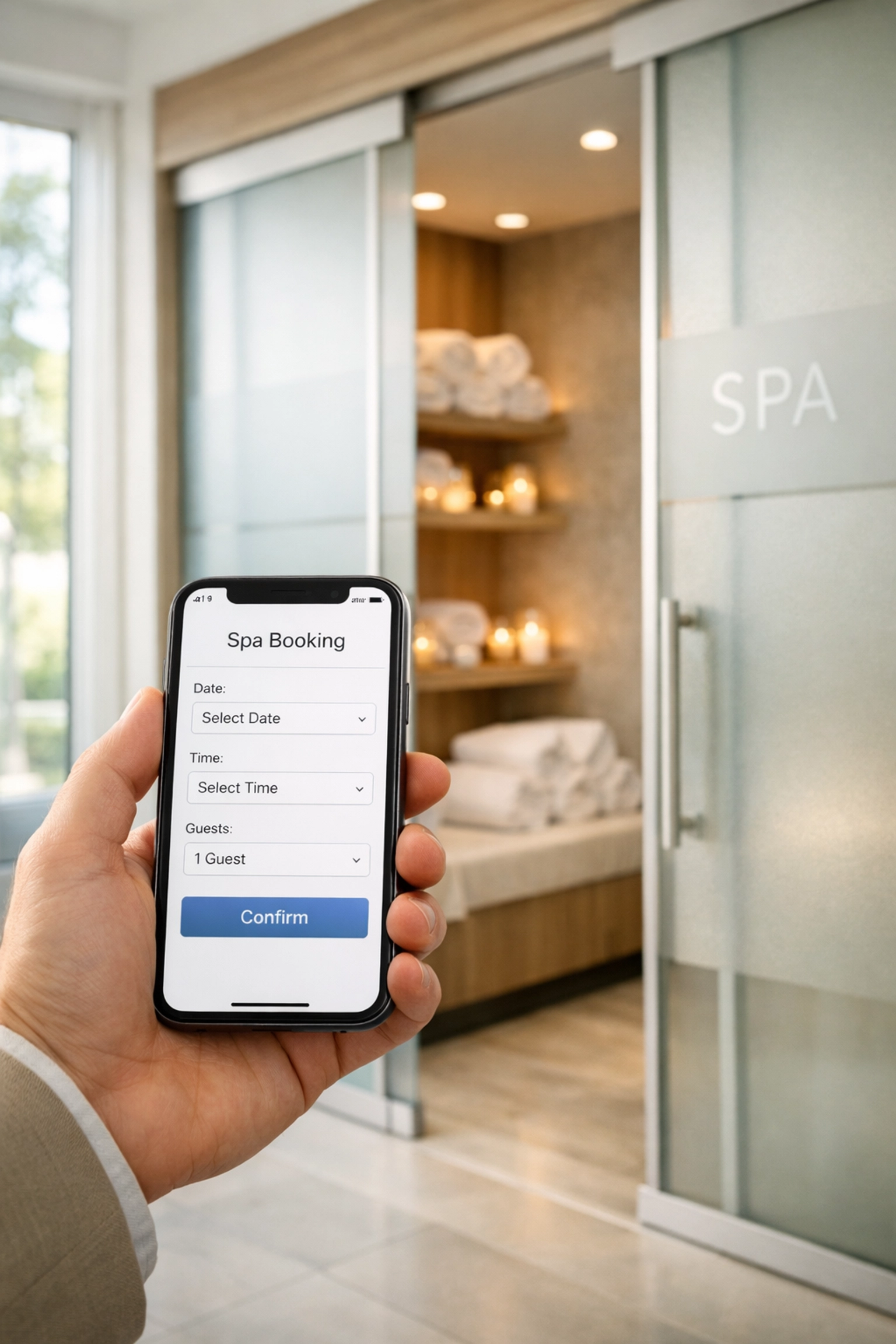 Hotel guest using smartphone to book spa services via voice AI at modern spa entrance