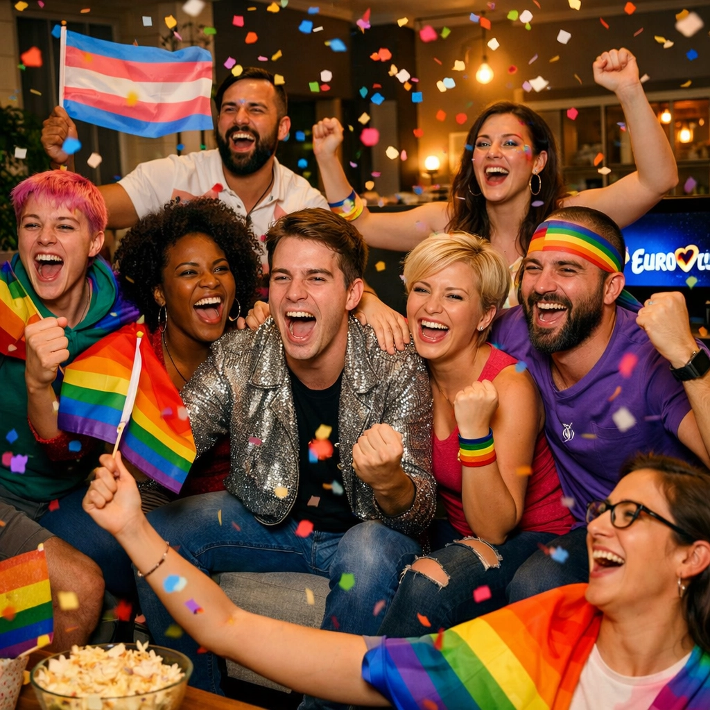 LGBTQ+ Eurovision fans celebrate with rainbow pride flags in joyful community gathering