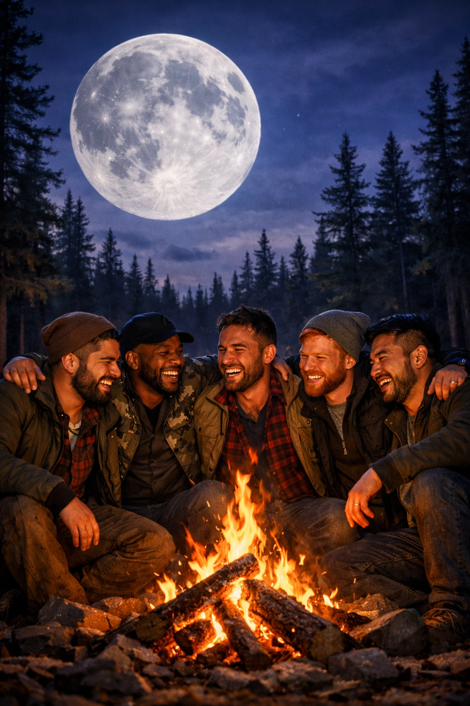 A group of gay men bonding around a forest bonfire under a full moon, representing a werewolf pack.