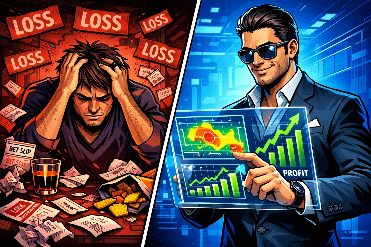 A split screen comparing a frustrated sports bettor with a successful data-driven player token investor.