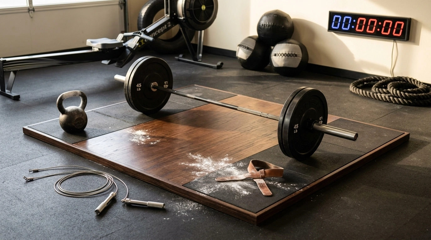 A disciplined training scene with a loaded barbell, kettlebell, jump rope, and stopwatch on a clean lifting platform.