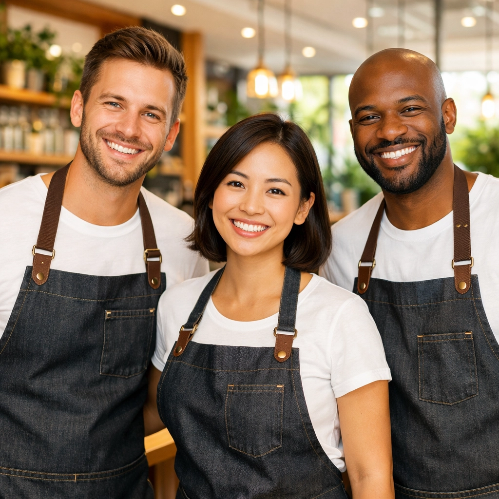 Smiling restaurant staff wearing matching professional bib aprons in a modern bistro.