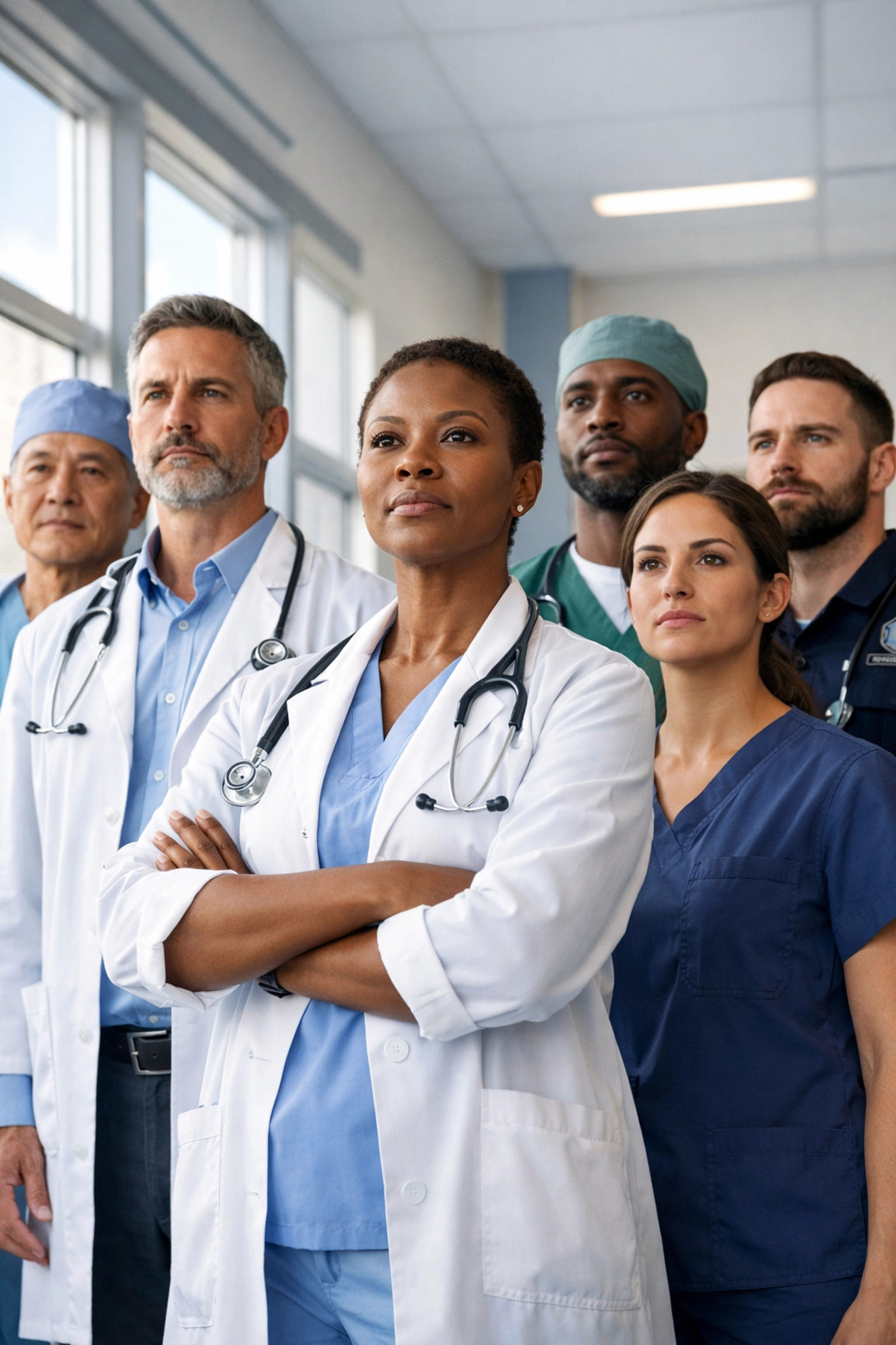 Healthcare workers standing together in hospital corridor demonstrating team unity and workforce retention