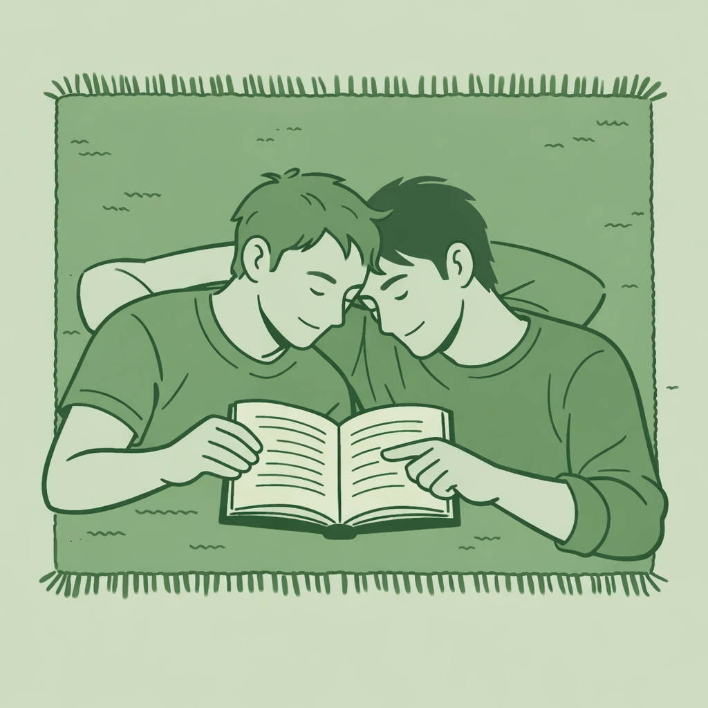 MM couple reading together, showing the importance of non-binary characters in gay romance books.