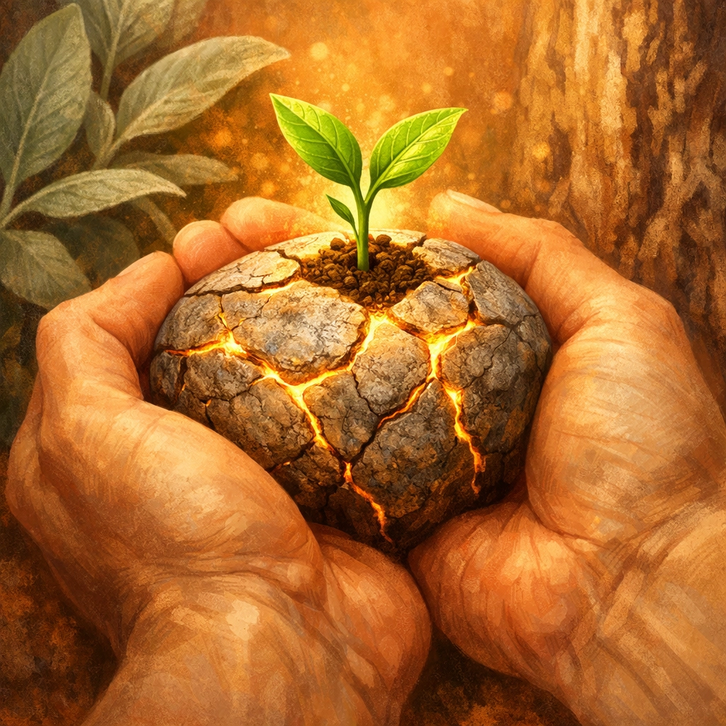 Hands cupping a sprout growing from a cracked rock, representing healing core wounds and self-forgiveness.