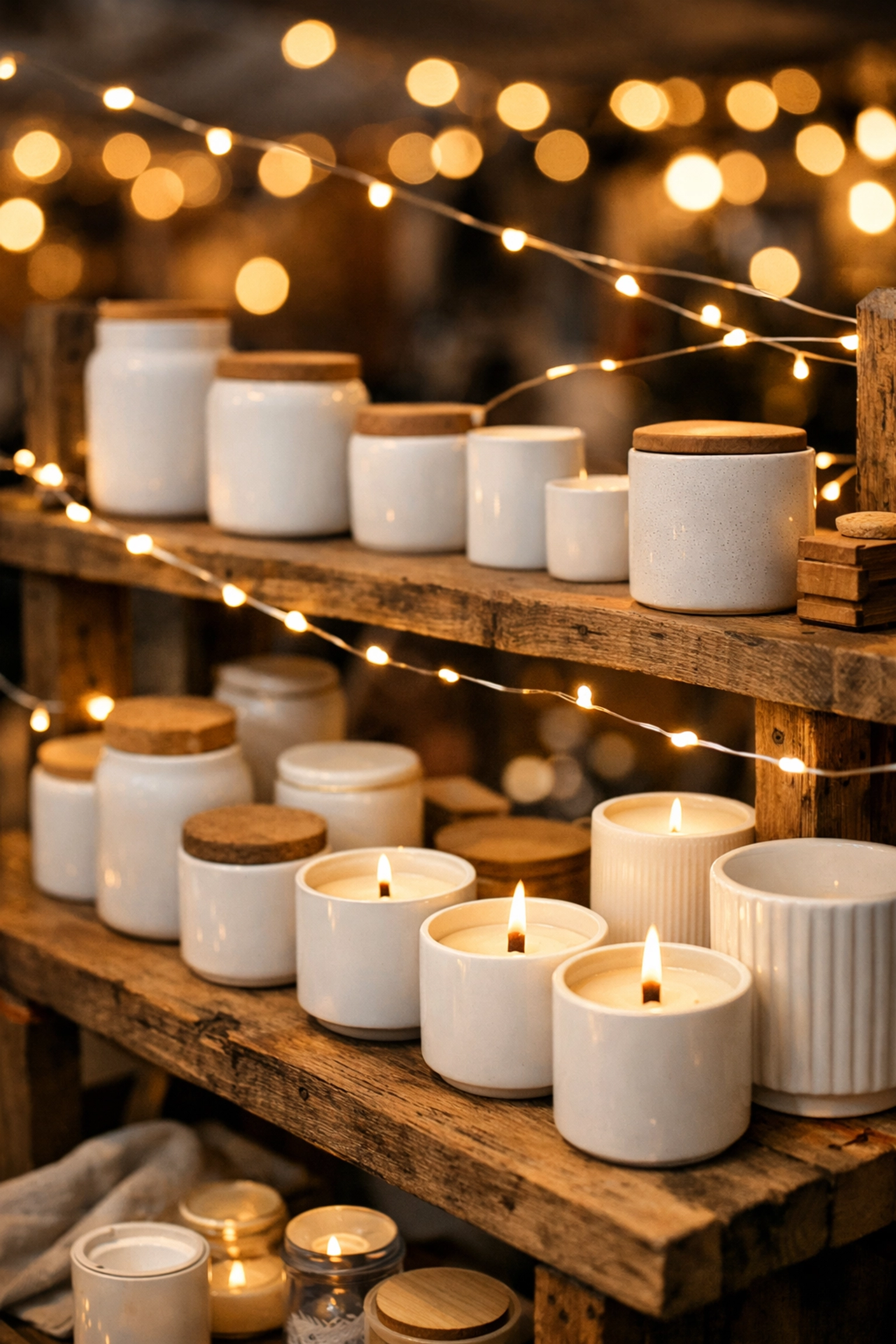Artisan booth display at a Las Cruces craft fair featuring warm fairy lights and candles.