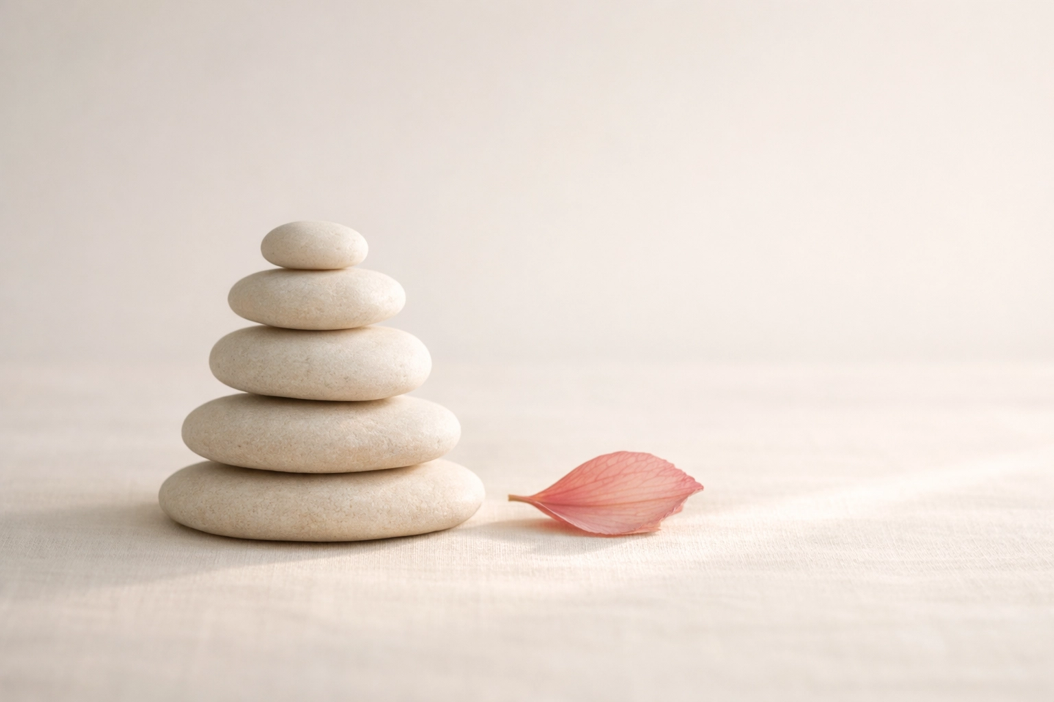 Balanced river stones on linen with a rose petal, representing strategic pausing and soft rest.