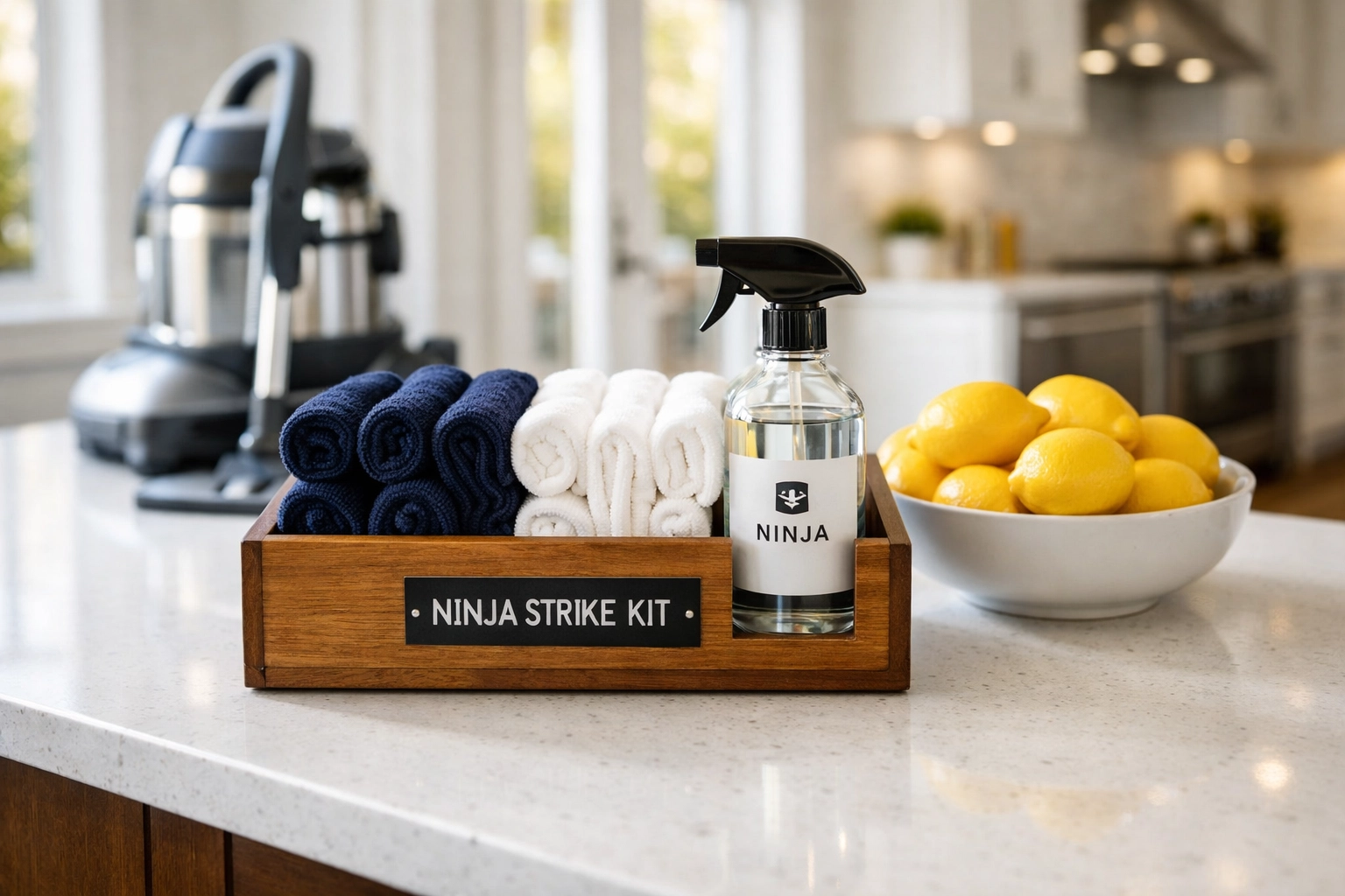Professional cleaning kit for Spring Cleaning MA on a luxury white quartz kitchen island.