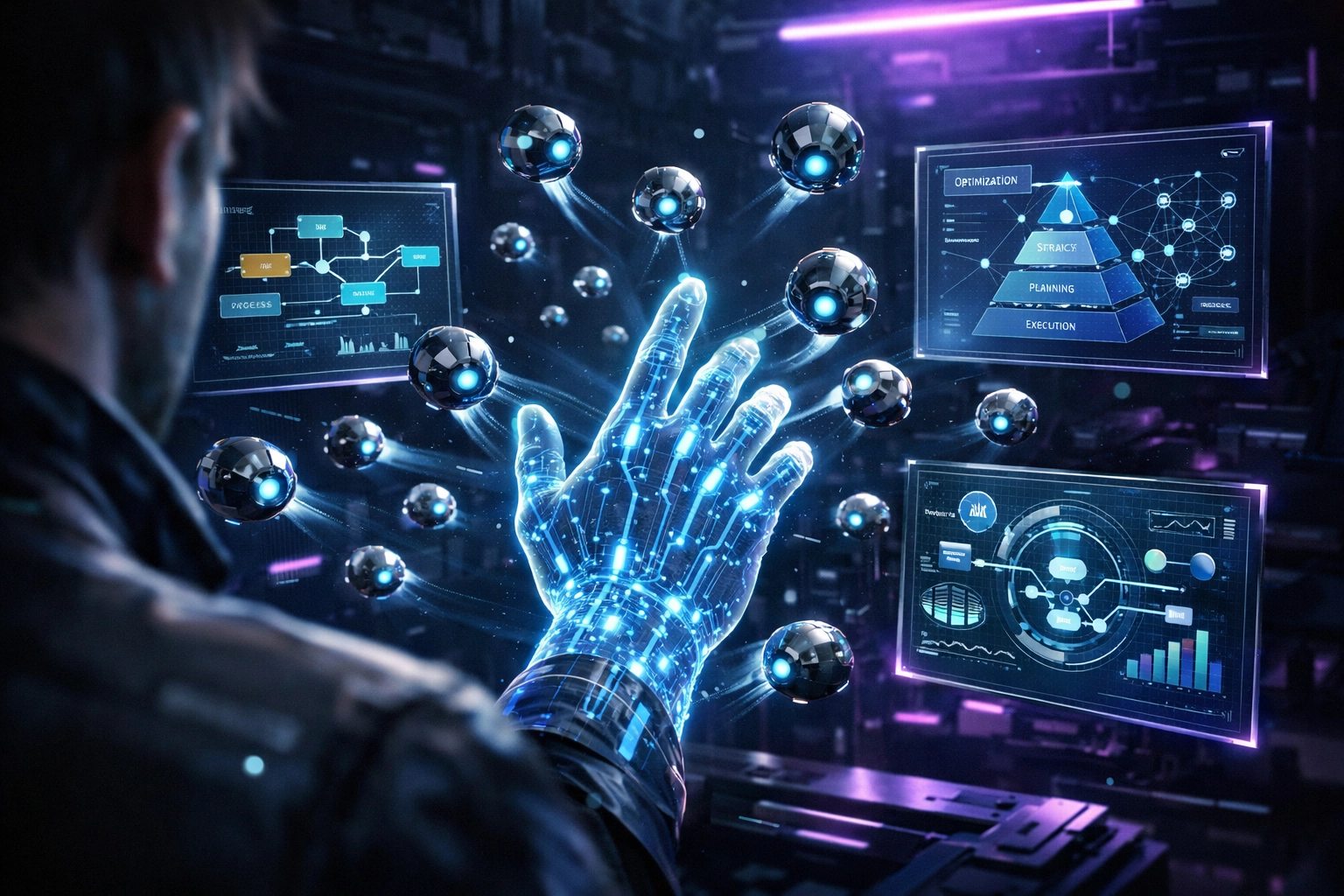 Human hand managing complex AI automation workflows and custom intelligence solutions for careers.