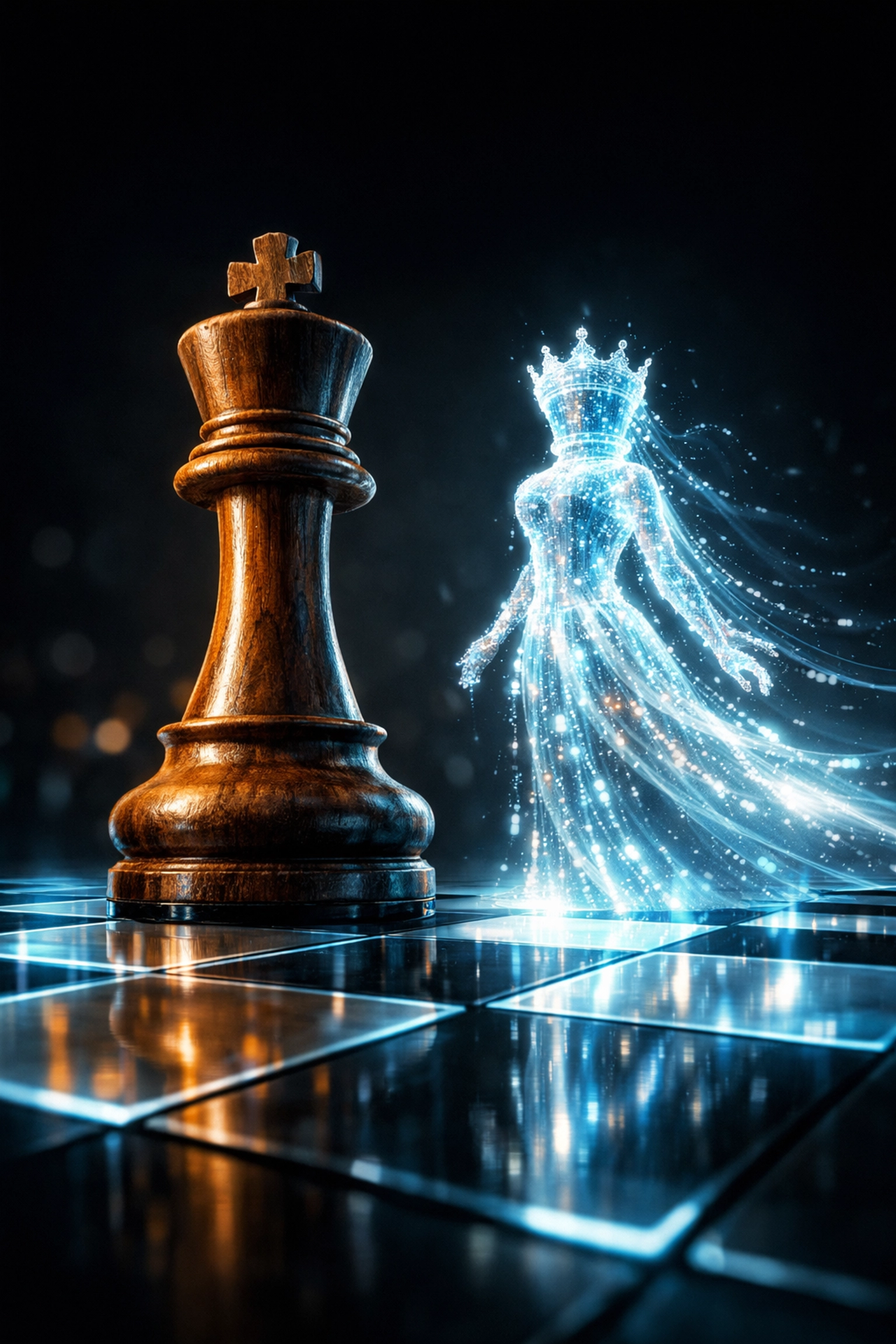 King and Queen chess pieces on a digital board showing brand authority and AI manager efficiency.