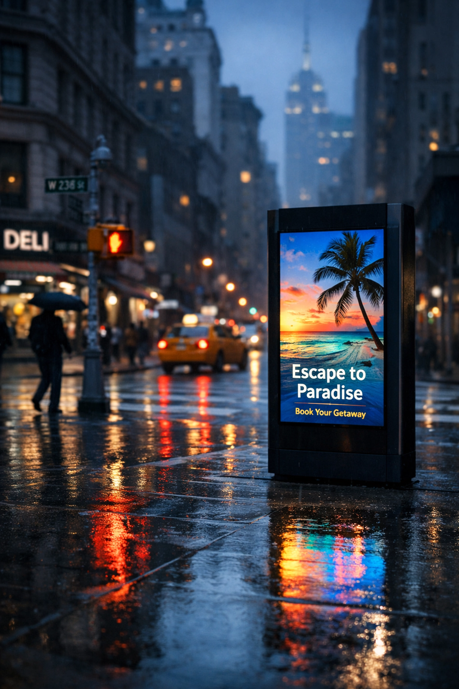 Bright digital advertising kiosk on a rainy New York City street corner showcasing urban DOOH targeting.