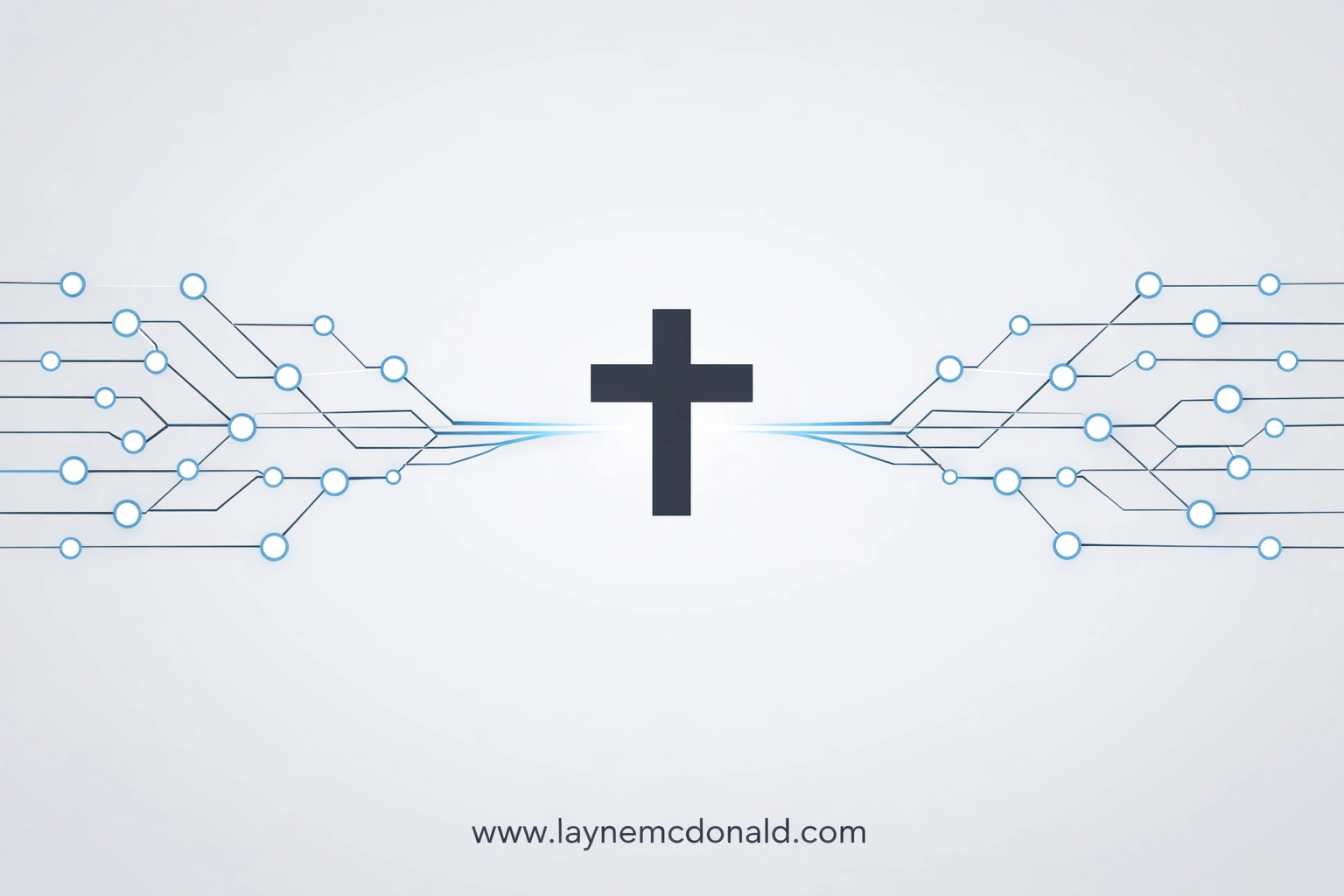 Vector graphic of a digital network connecting to a cross, representing online Christian outreach.