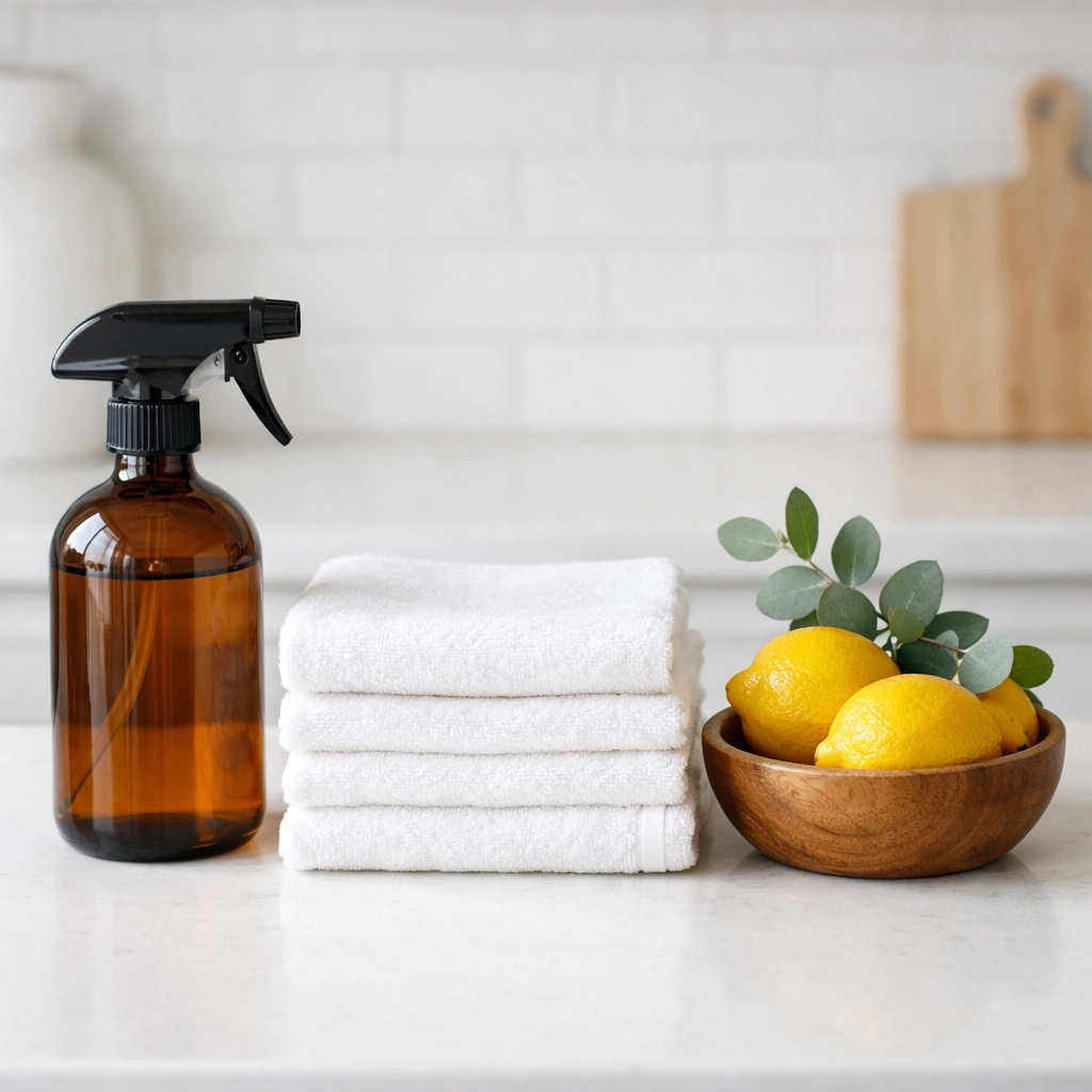Eco-friendly cleaning products on a clean white kitchen counter, promoting a healthy, toxin-free home.