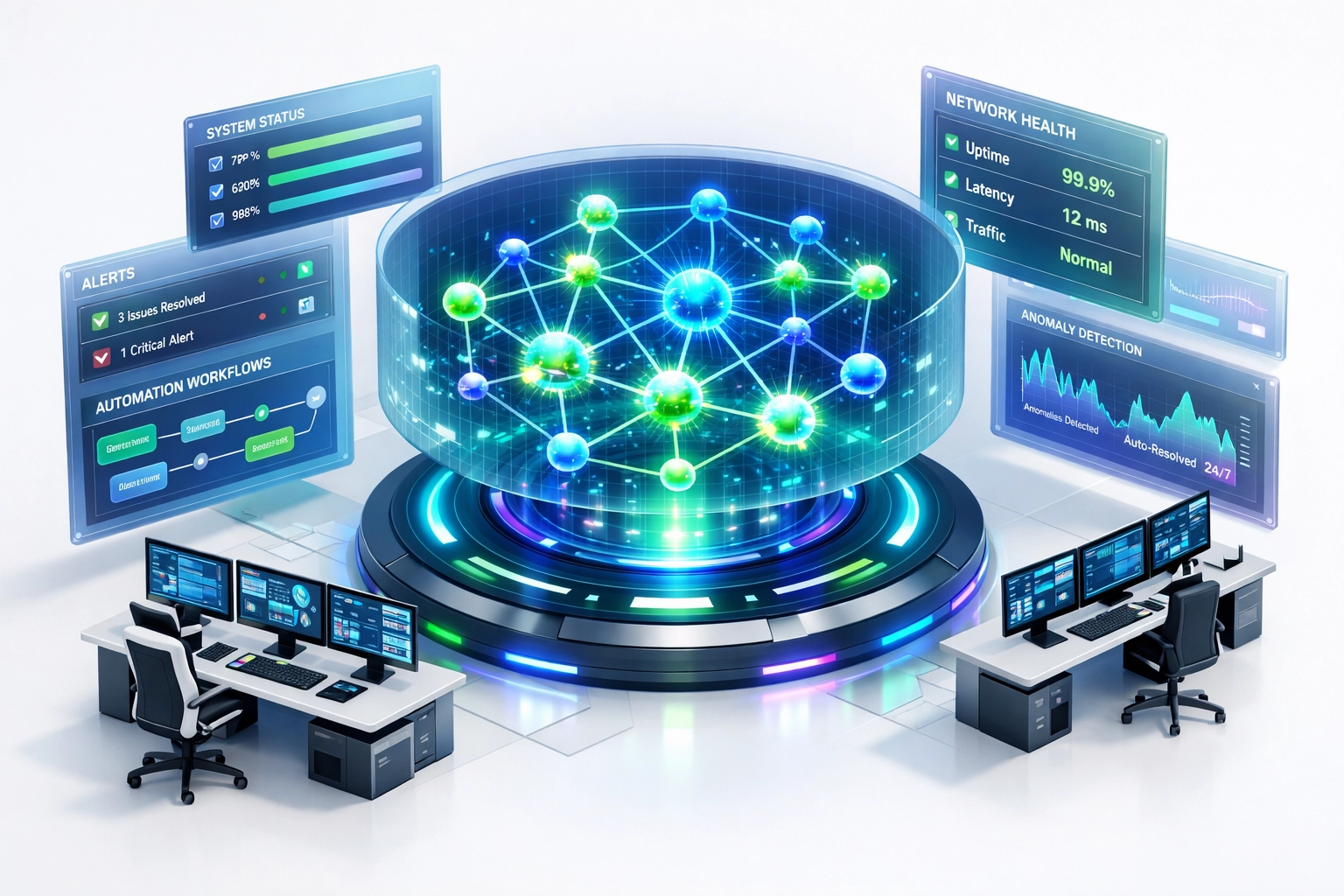 AI-powered ServiceNow ITOM operations center with self-healing network automation and real-time monitoring