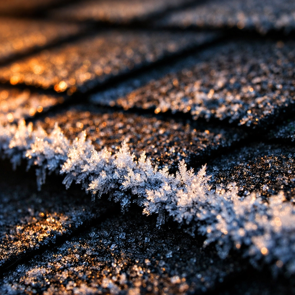 Frost crystals on asphalt shingles showing cold weather damage in South Texas