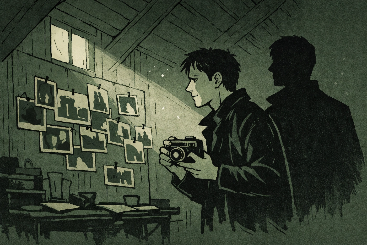 Photographer investigating photos in mysterious attic studio - LGBTQ+ psychological thriller scene