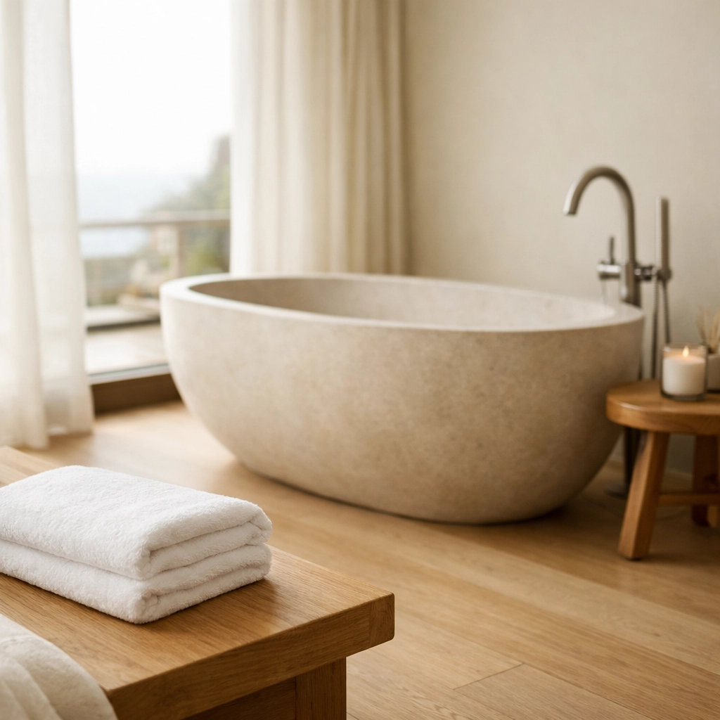 Luxury boutique hotel room featuring a minimalist stone bathtub and high-end guest amenities.