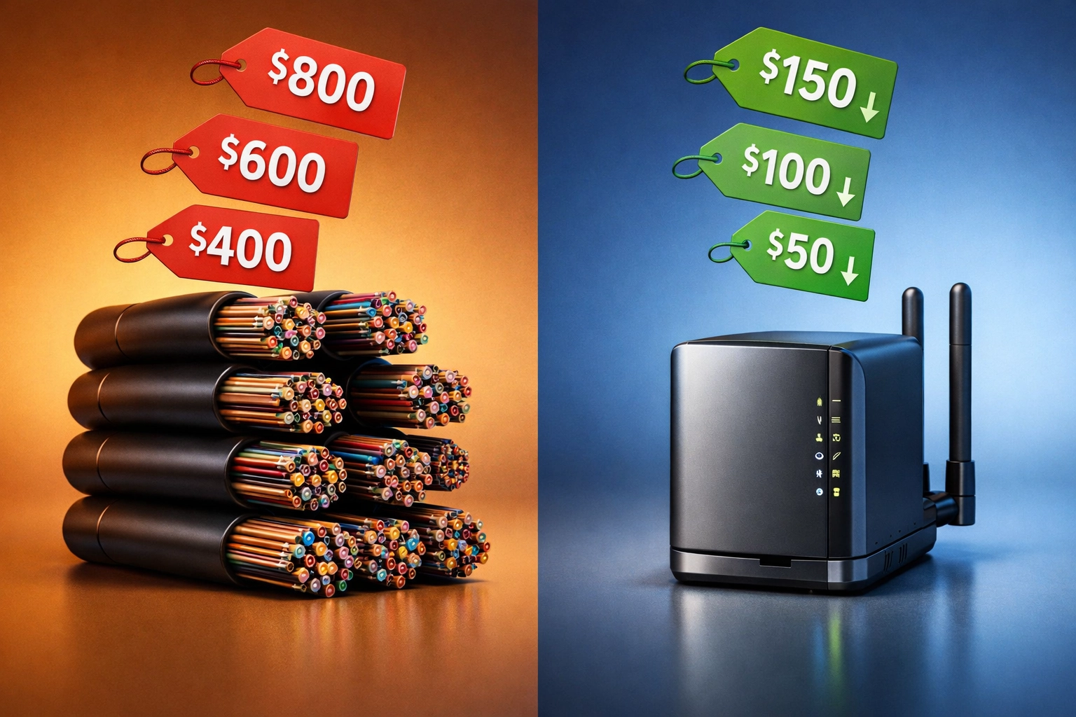 Cost comparison showing POTS line replacement savings with modern wireless technology