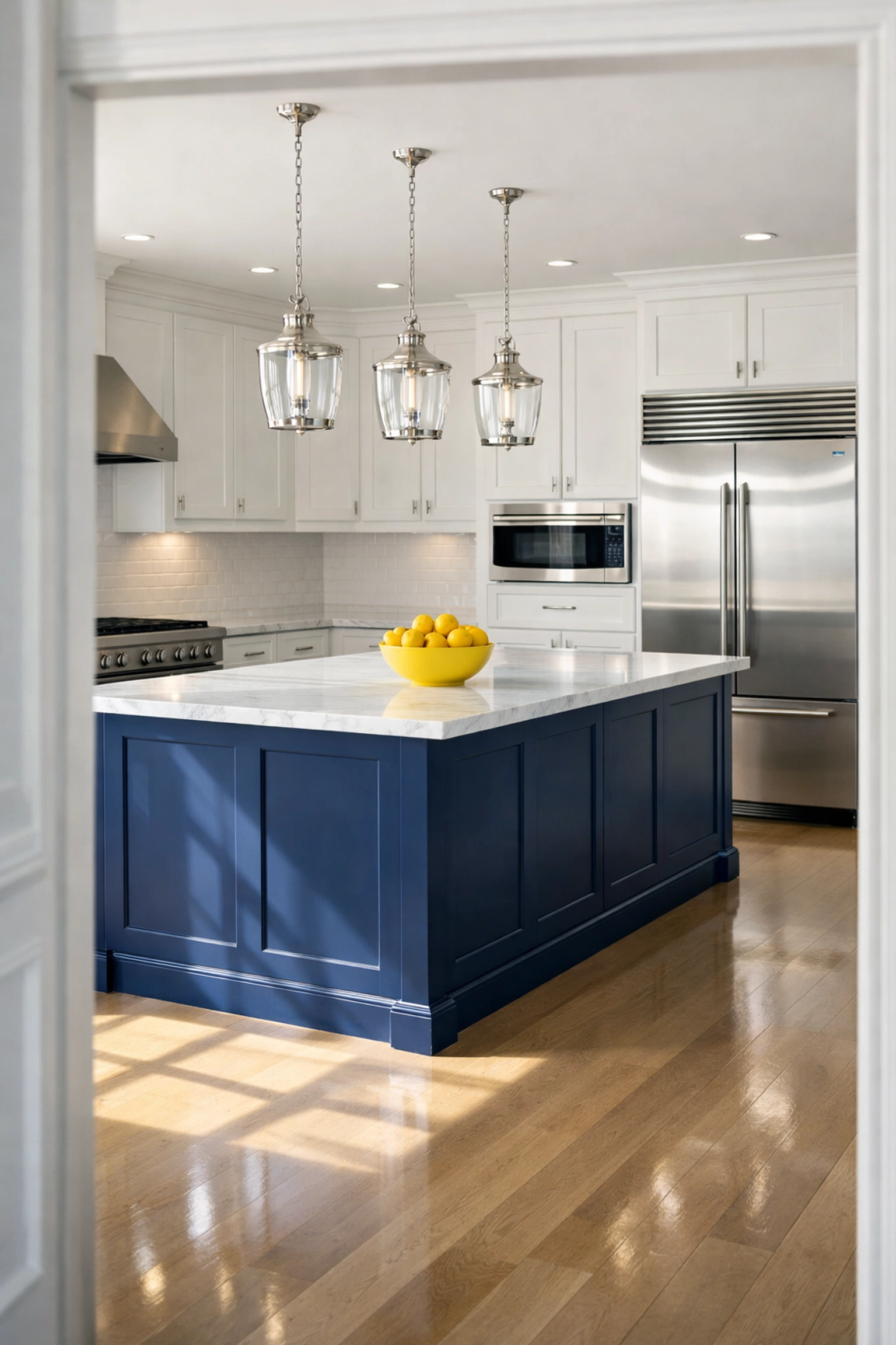 Immaculate move-in ready kitchen in Townsend with a navy blue island and polished floors after deep cleaning.