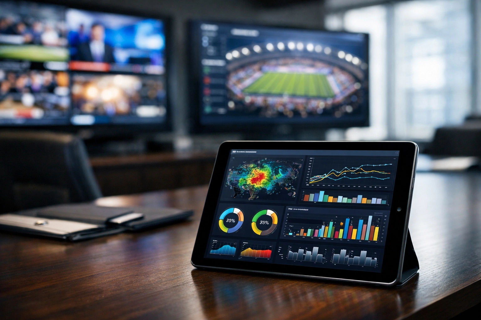 Digital data dashboard on a tablet tracking ROI and metrics for a sports advertising network.