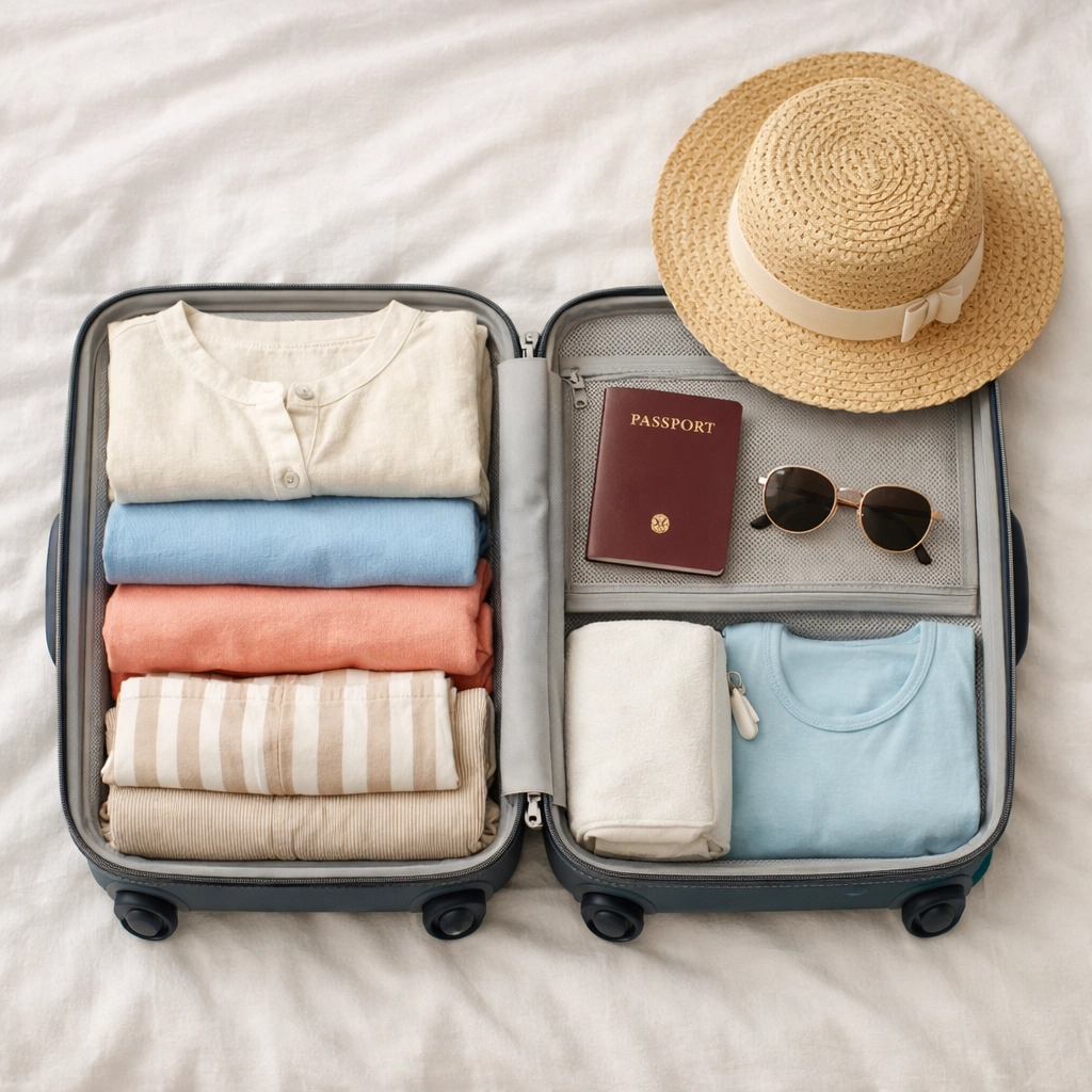 Packed suitcase with vacation essentials ready for tax refund travel reward trip