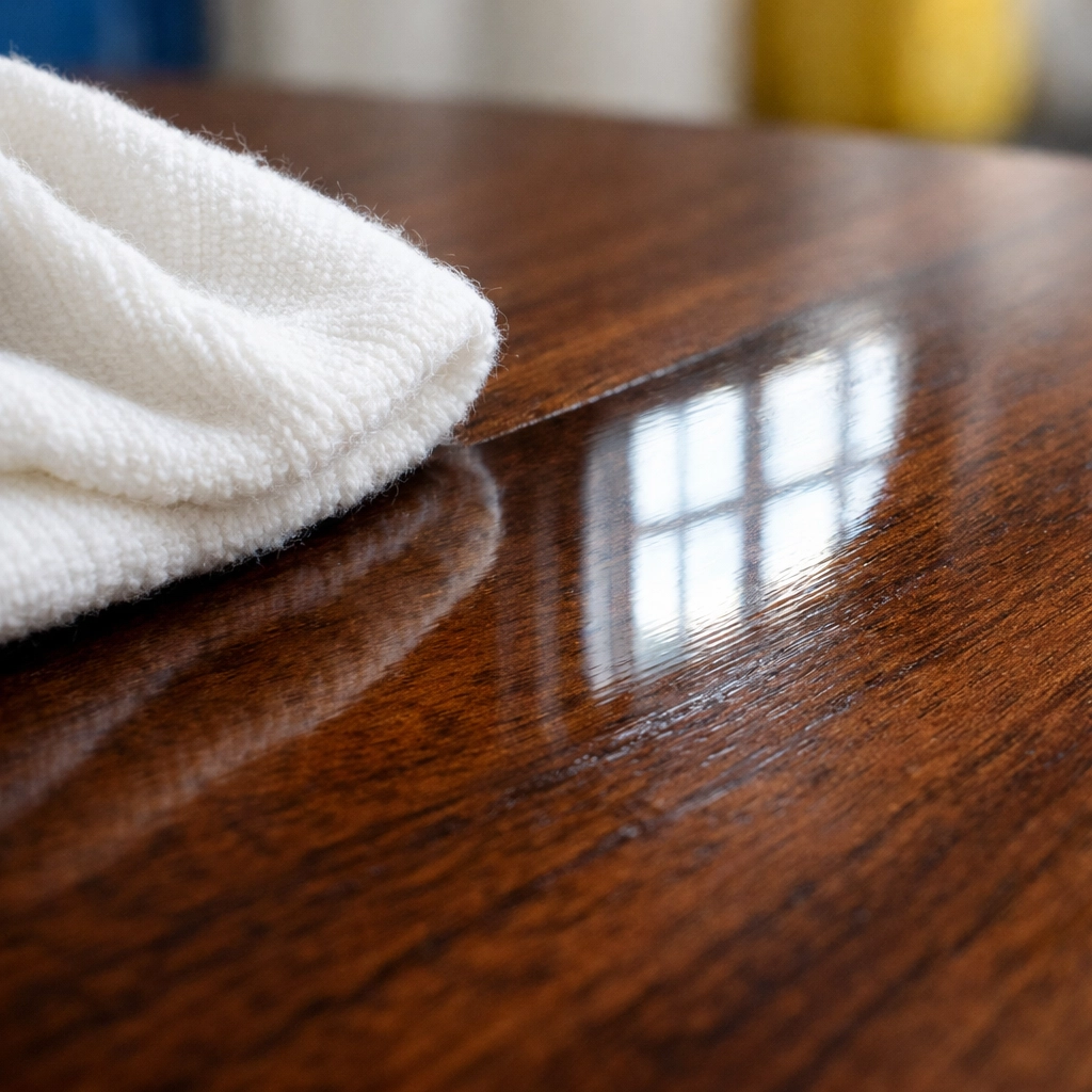 A soft cloth buffing a dark walnut wood surface to a radiant, streak-free shine.