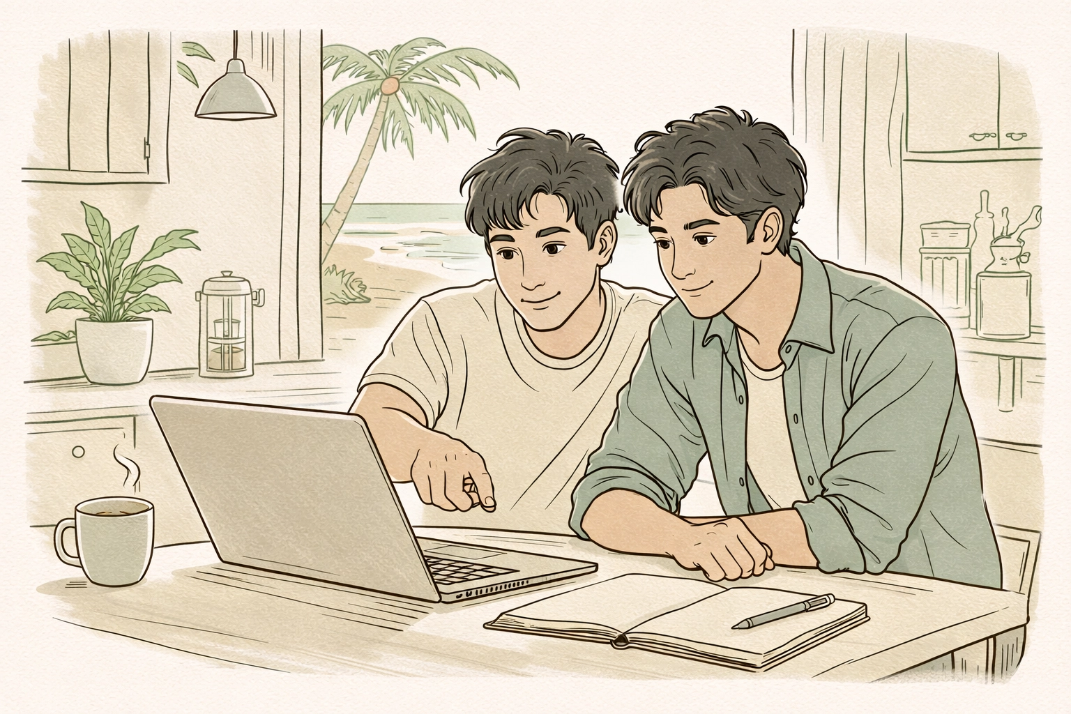 Male couple researching nudist venues together at home, planning their first naturist adventure for beginners.