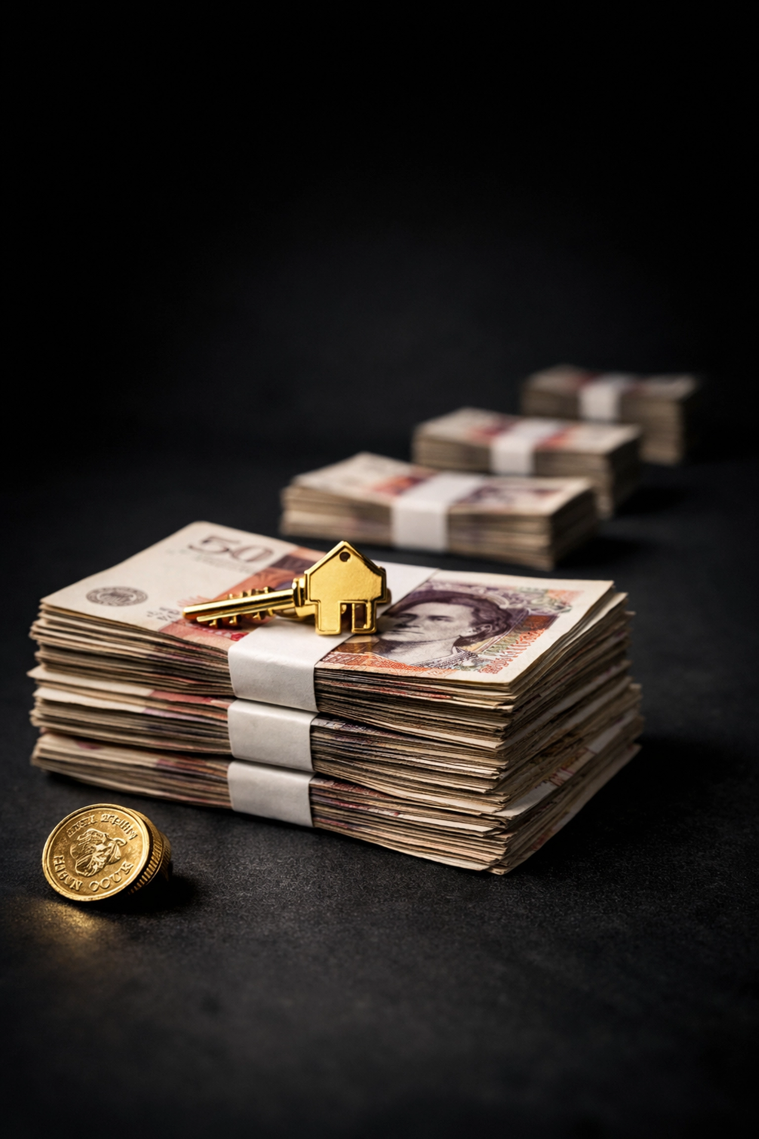Stacked pound notes with property key showing financial cost of poor inventory documentation