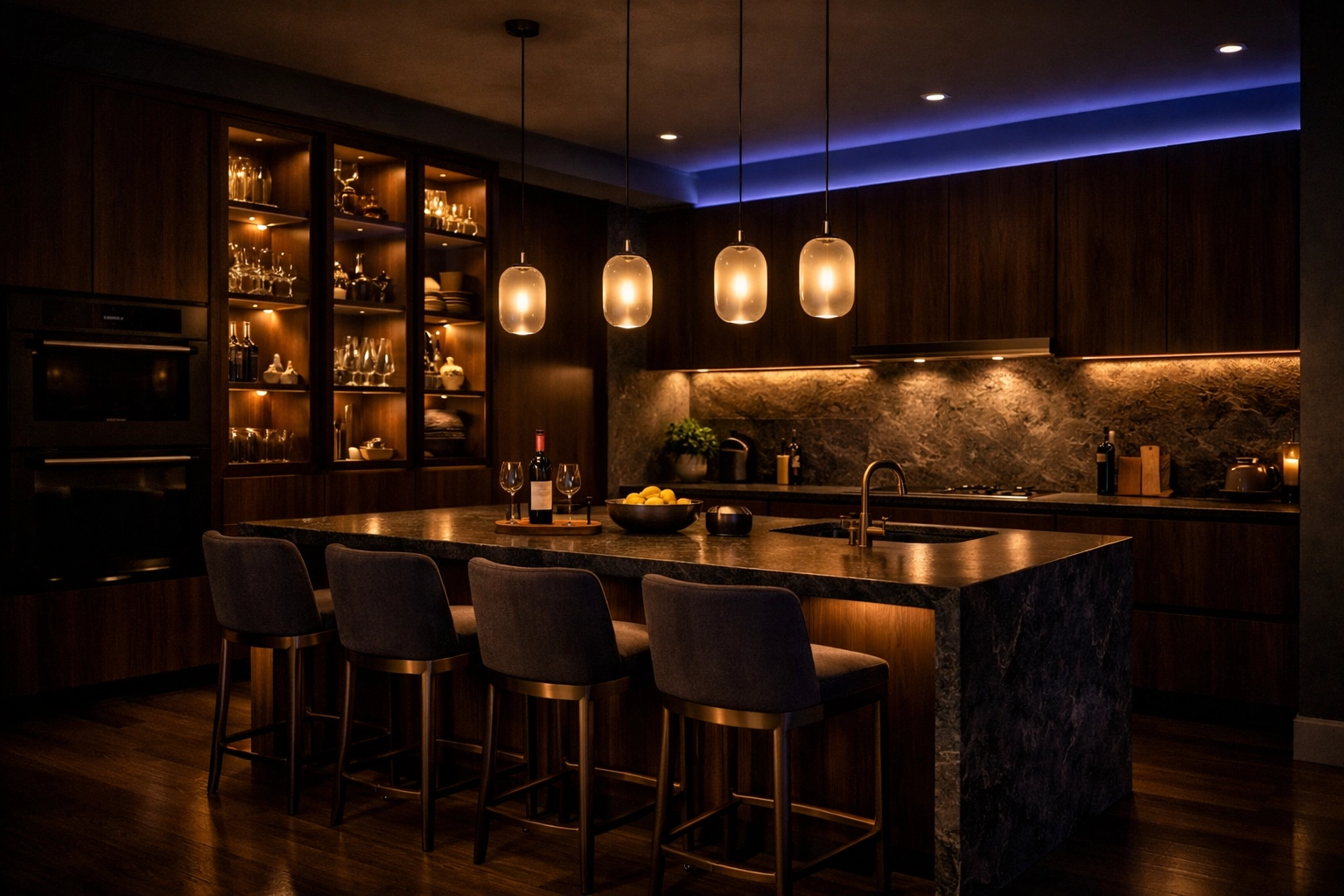 Contemporary kitchen render with evening mood lighting, accent-lit glass cabinets, and soft pendant glow over the island.