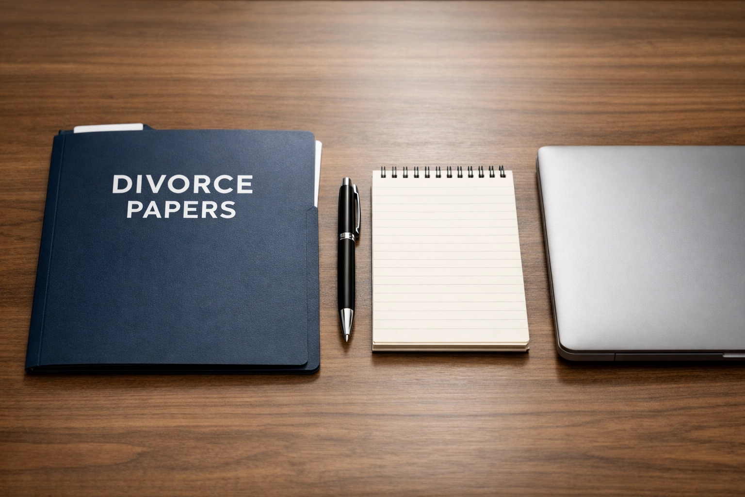 Clean professional desk with divorce case file folder, pen, and paperwork showing intent to separate documentation