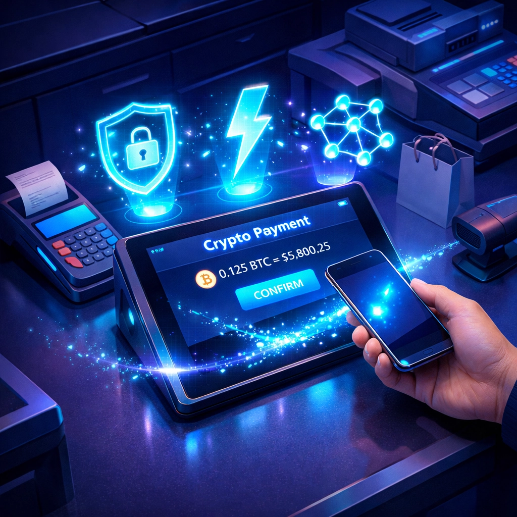 Crypto POS system accepting blockchain payments with secure merchant transaction processing