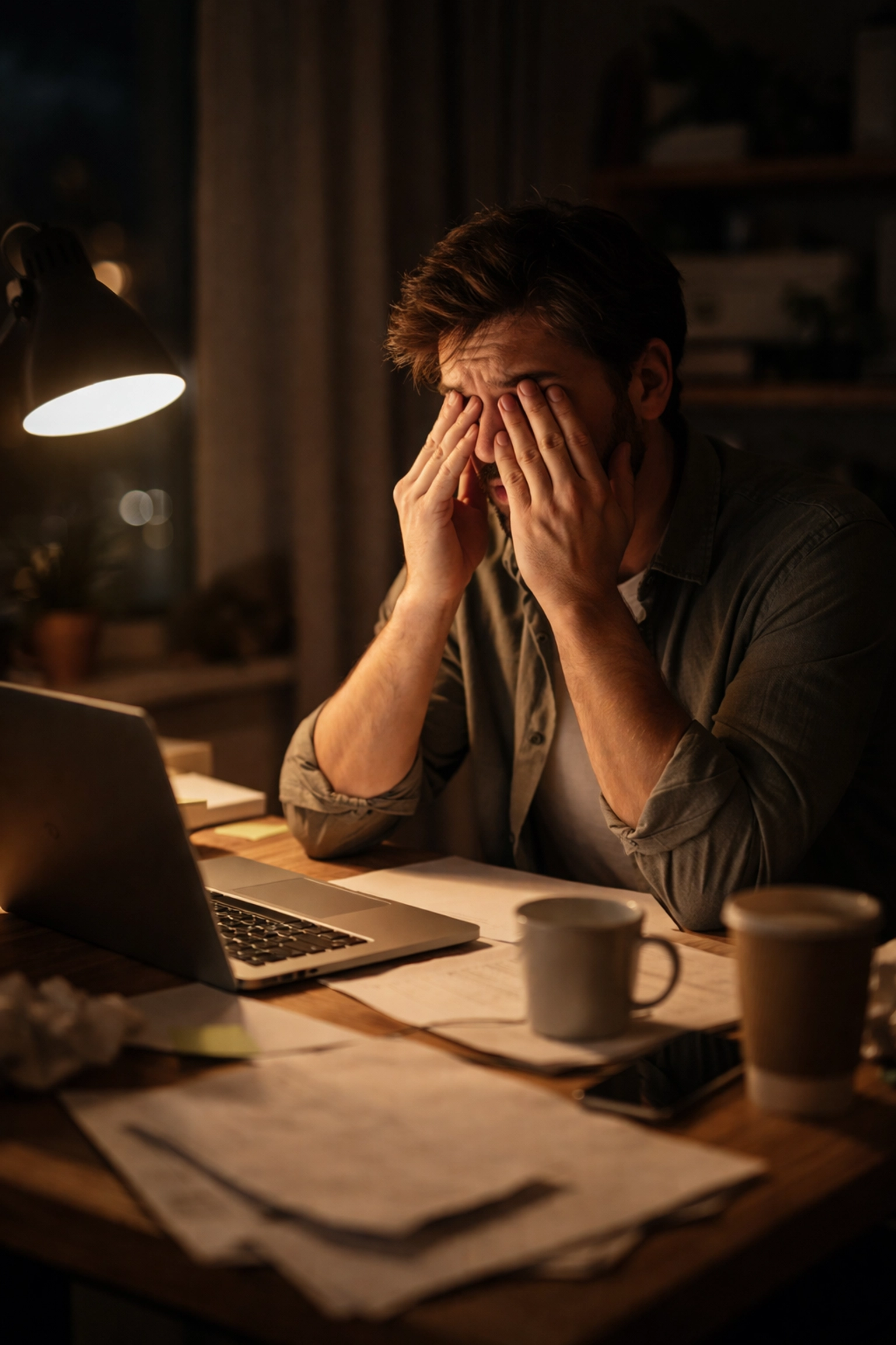 Exhausted founder rubs eyes at cluttered home desk late at night, showing solo founder stress.
