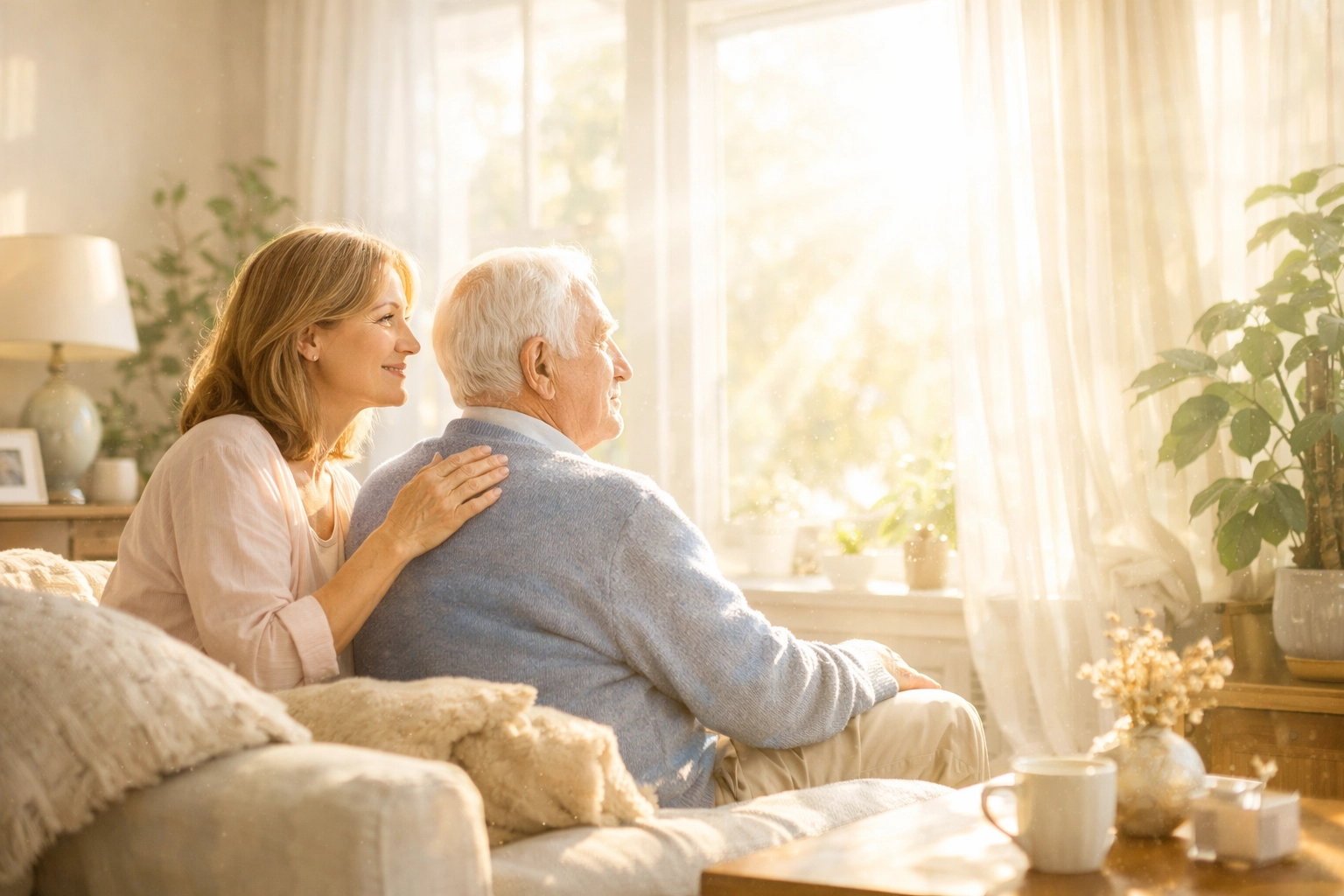 A woman providing care for an elderly man in a sunlit room, finding spiritual strength in a quiet moment.