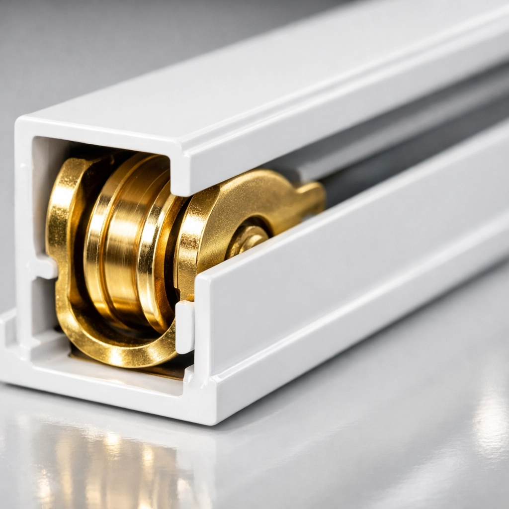 Durable brass roller mechanism inside a white horizontal slider secondary glazing frame for easy operation.