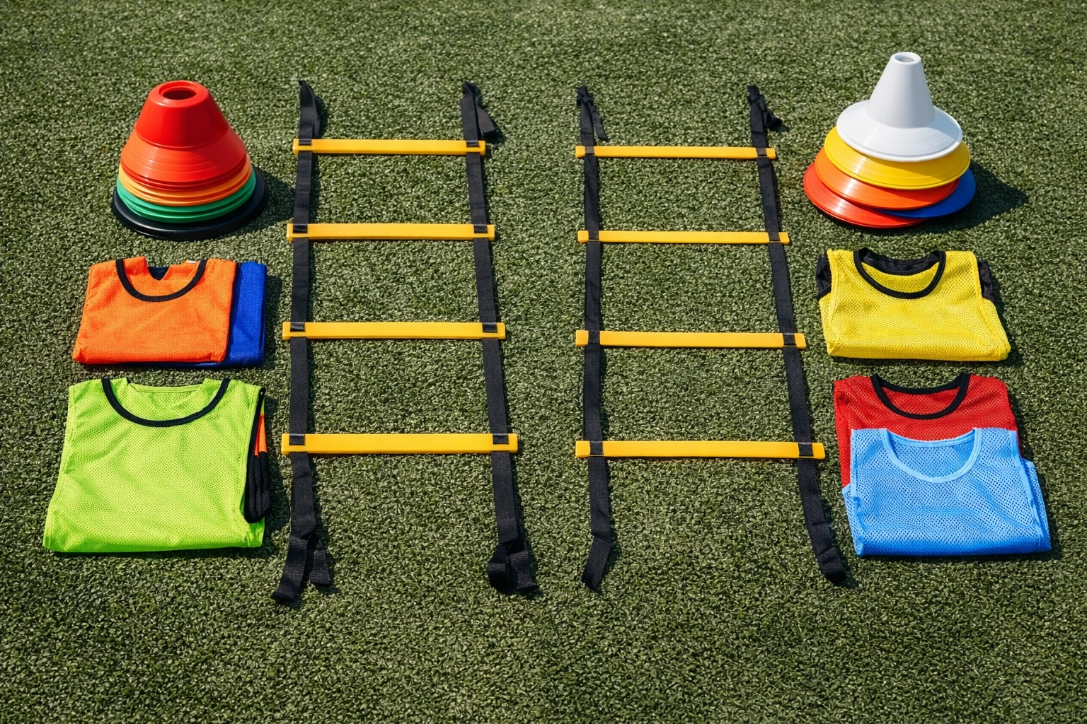 Premium vs budget training equipment comparison showing cones, agility ladders, and bibs for coaches