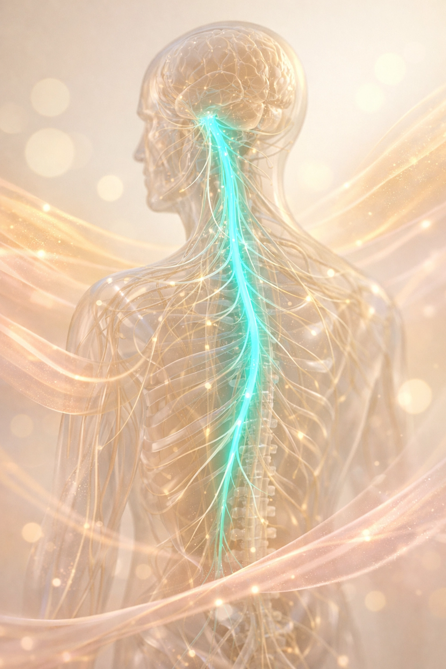 Vagus nerve pathway highlighted with energy waves showing nervous system connection