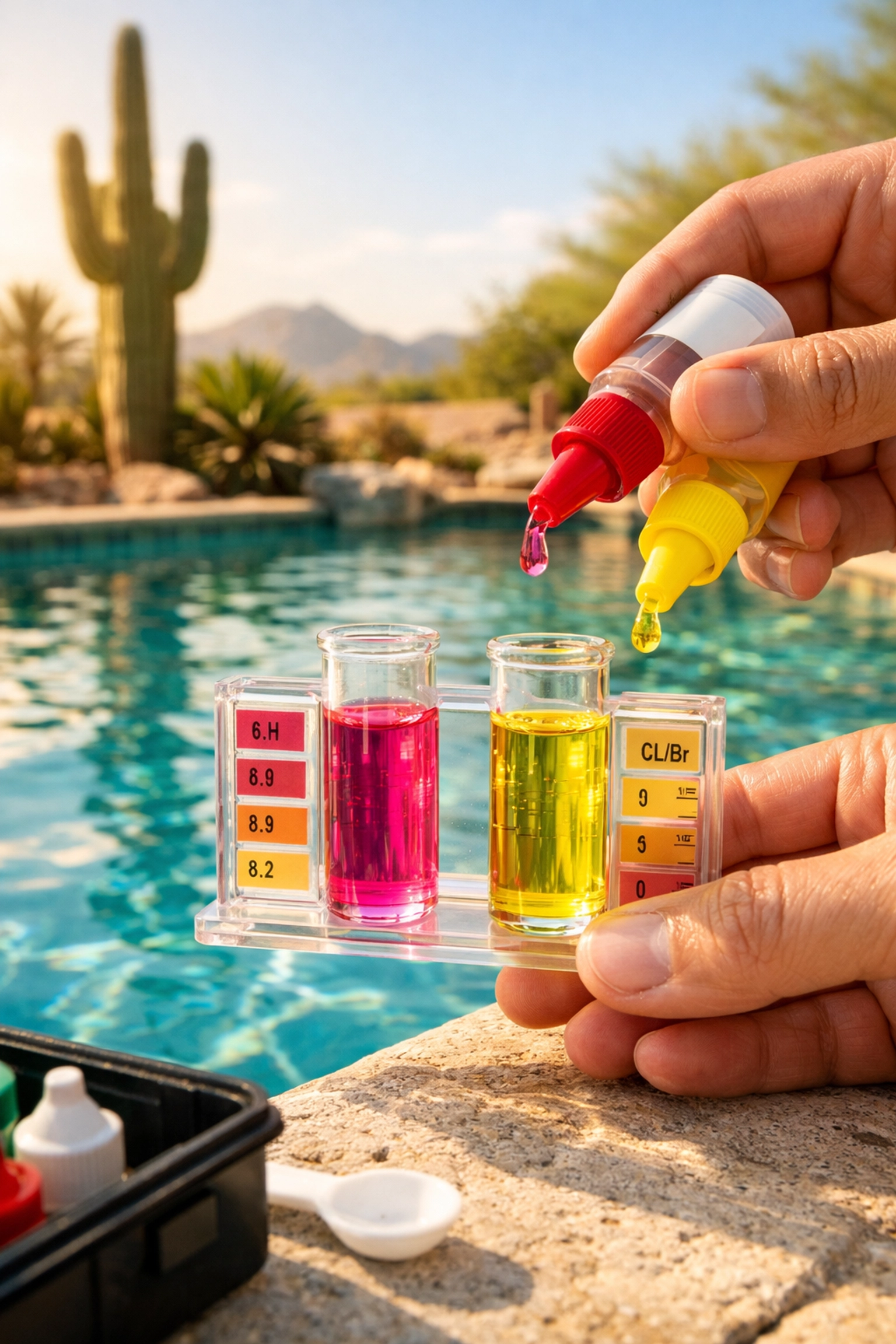 Professional pool water chemistry testing in Mesa, AZ to prevent algae blooms and maintain sanitizer levels.