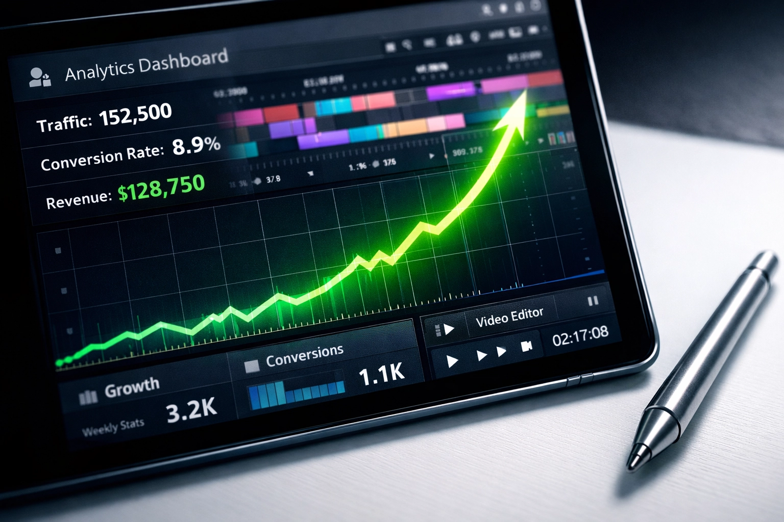 AI video marketing analytics dashboard showing rapid traffic growth and high conversions by Simon Leung.