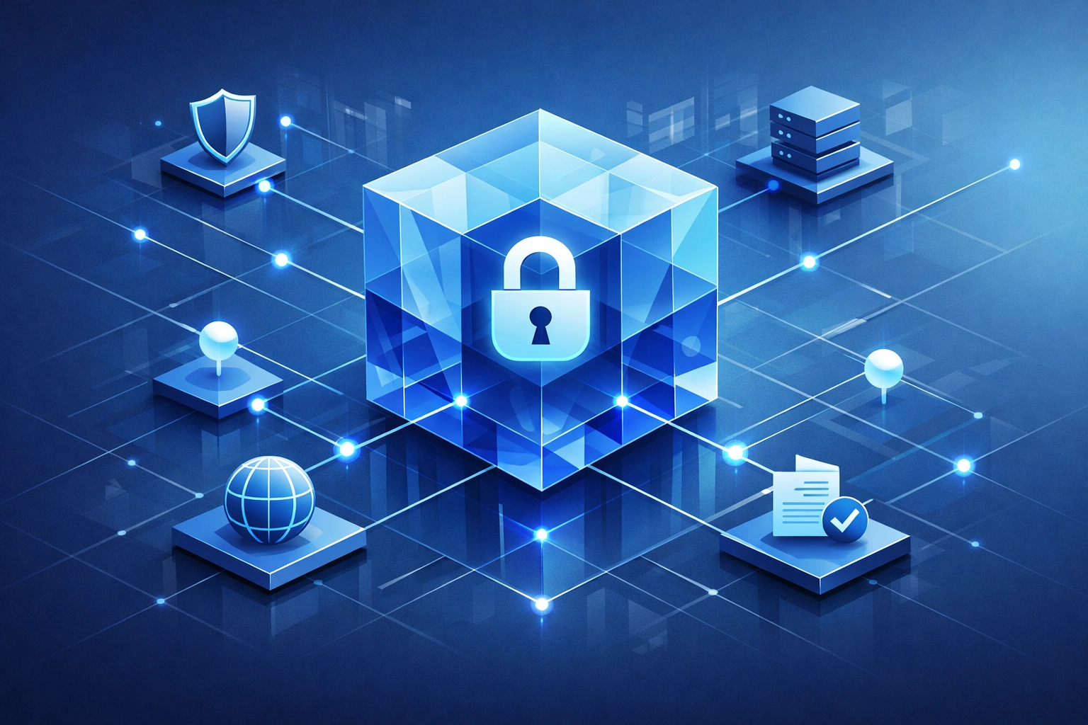 Secure interconnected digital nodes representing financial infrastructure and payment fraud prevention.